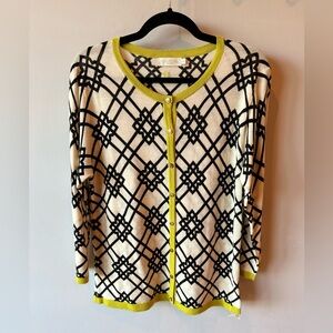 Spartina 449 Merino wool Geometric Black and Cream Cardigan with Green Accents